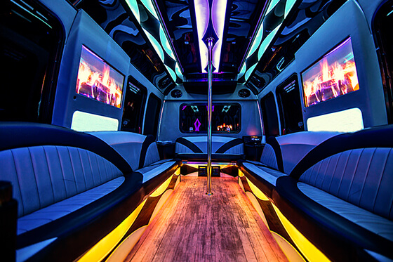 party bus interior with dance pole