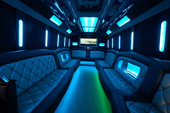 party bus interior with booming stereo