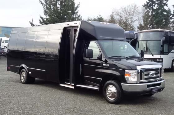 28-passenger black shuttle bus