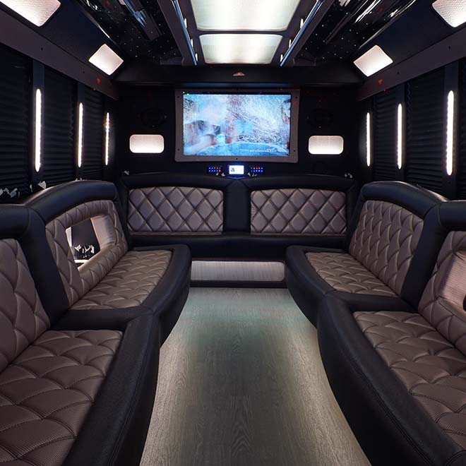 28-passenger party limo bus interior